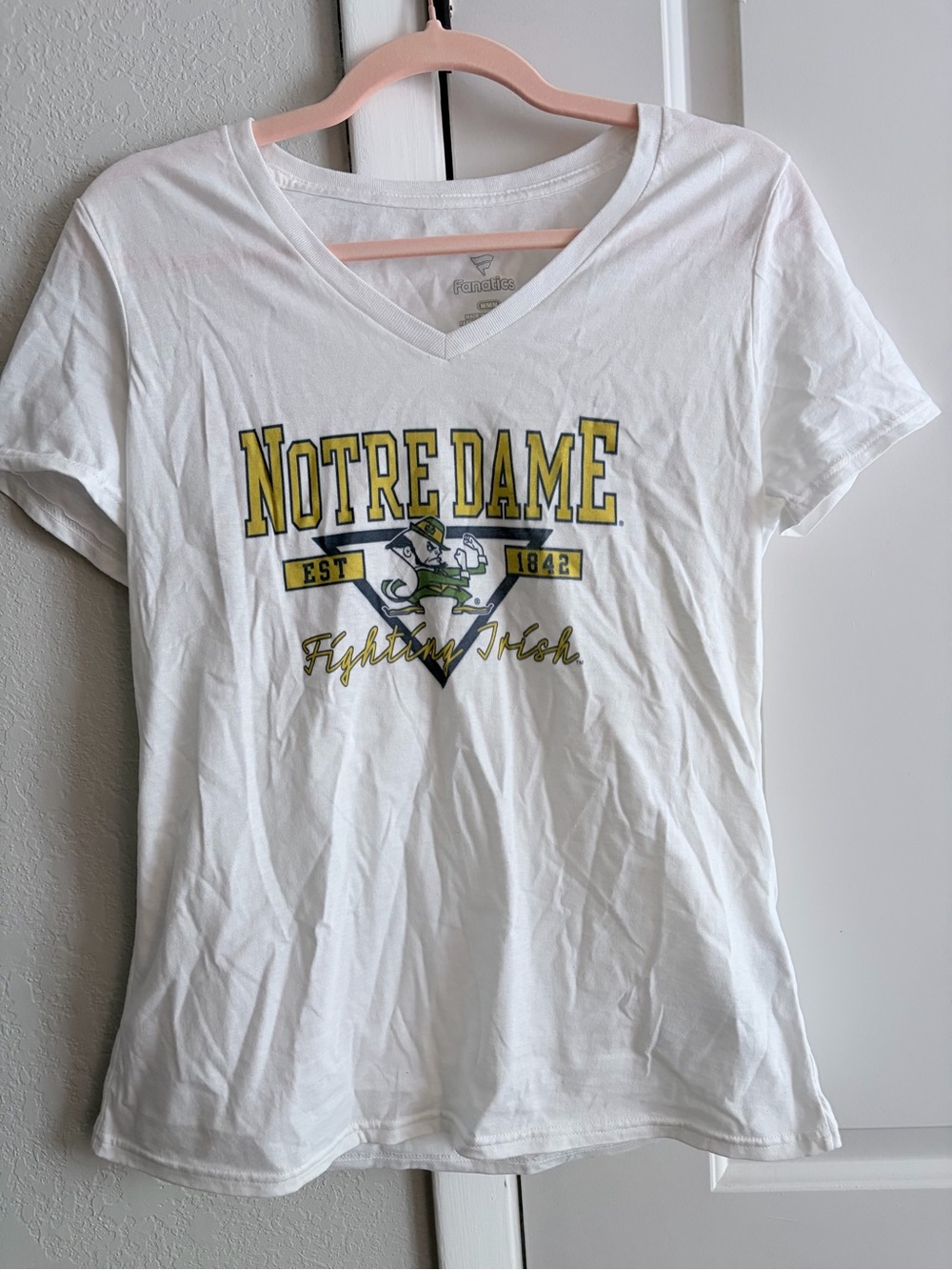 Fanatics White Notre Dame V-Neck Tee with Yellow and Green Logo